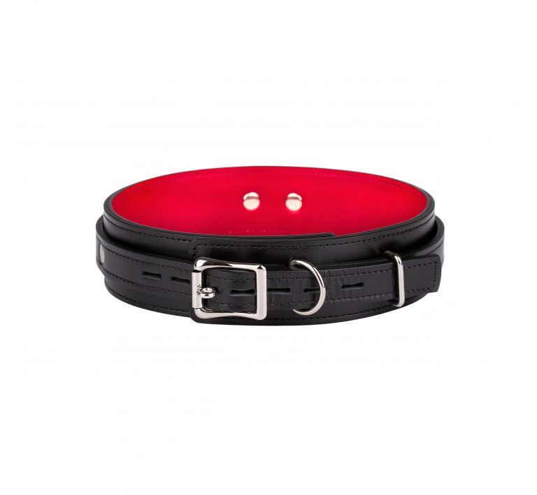 Handmade Black leather with red lining locking human collar choker buckle view from buckle