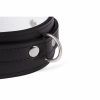 Handmade Black leather with white lining locking human collar choker buckle view from d ring closeup