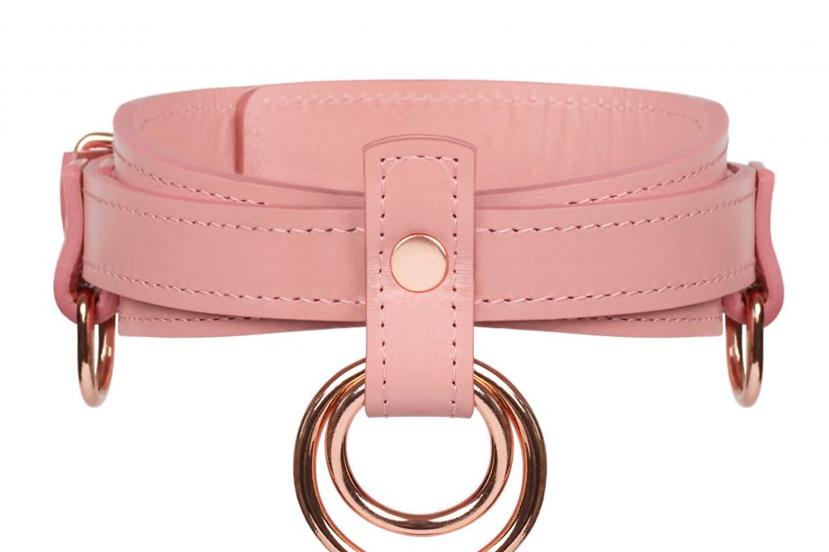 handmade Pink leather human collar choker with two O rings and side d rings