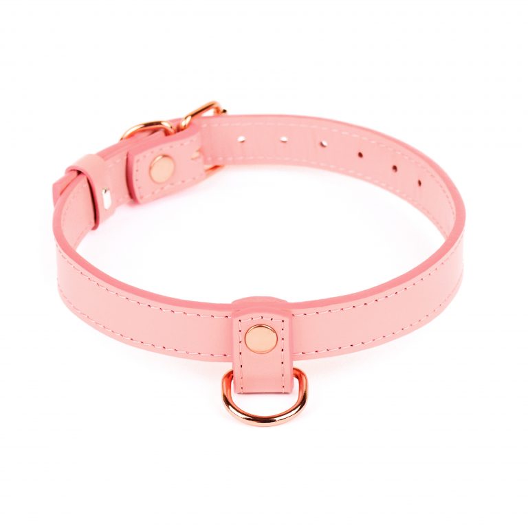 handmade pink leather day collar choker with D ring front view 1