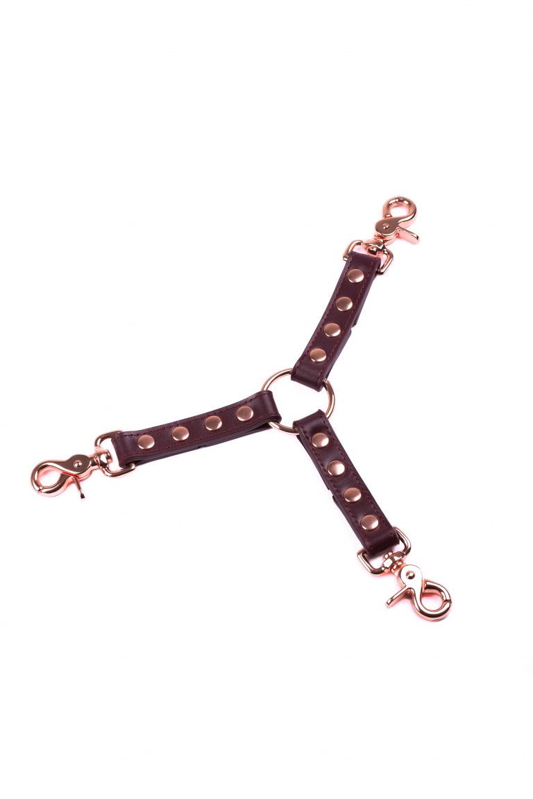 handmade long bordo leather triple connector with rose gold hardware