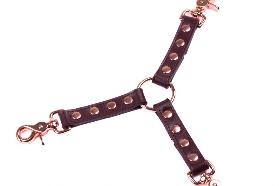 handmade long bordo leather triple connector with rose gold hardware