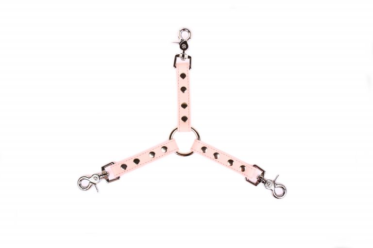 handmade long light pink leather triple connector with silver hardware