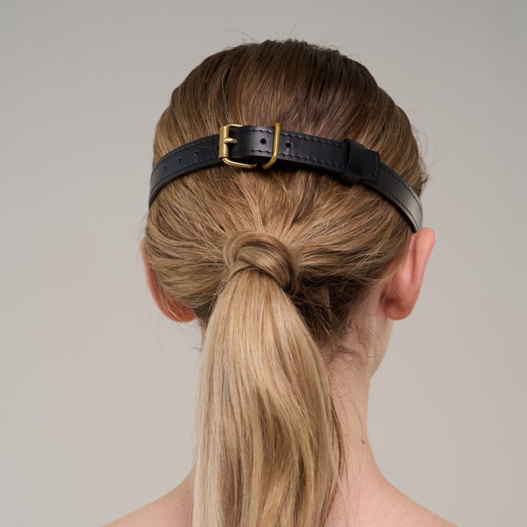 Handmade black leather blindfold view from behind 1