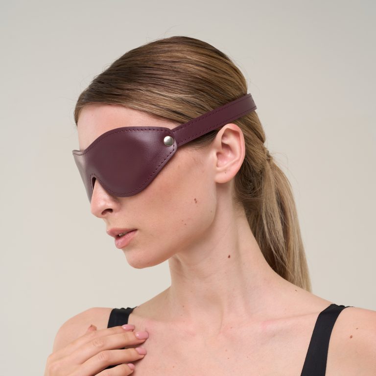 Handmade bordo leather blindfold side view