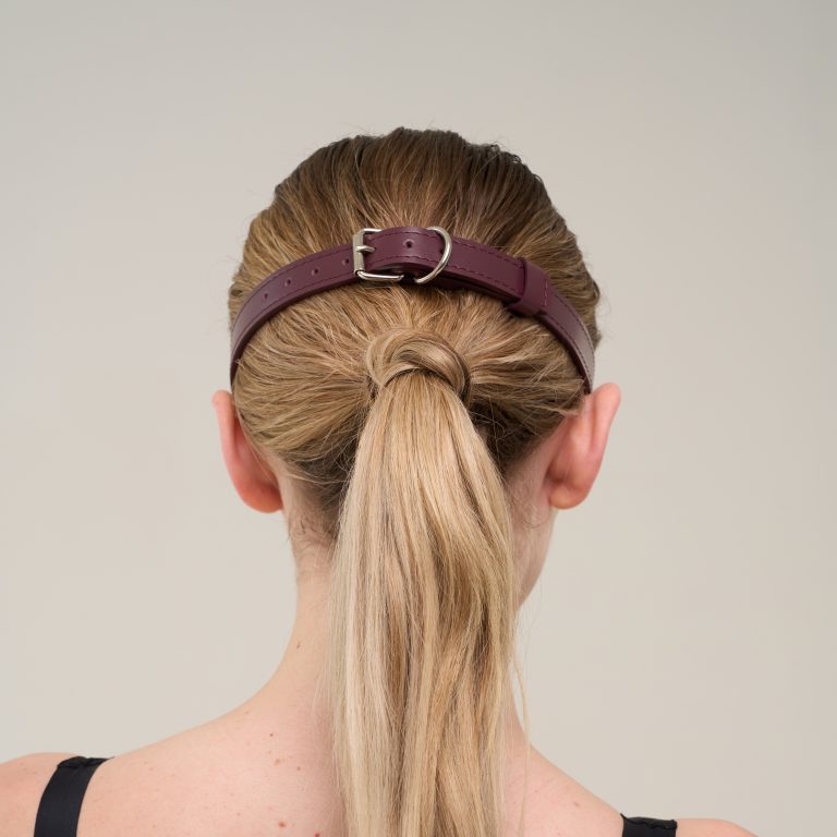 Handmade bordo leather blindfold view from behind 1