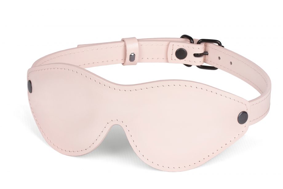 Handmade light pink leather blindfold side view 1