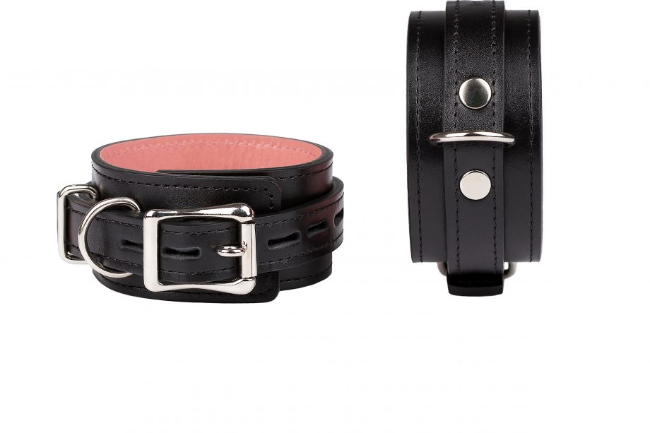 handmade black leather lockable ankle cuffs with pink lining and silver hardware 2