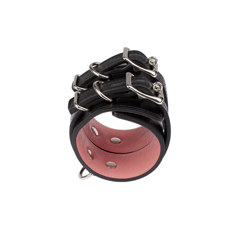 handmade black leather lockable ankle cuffs with pink lining and silver hardware