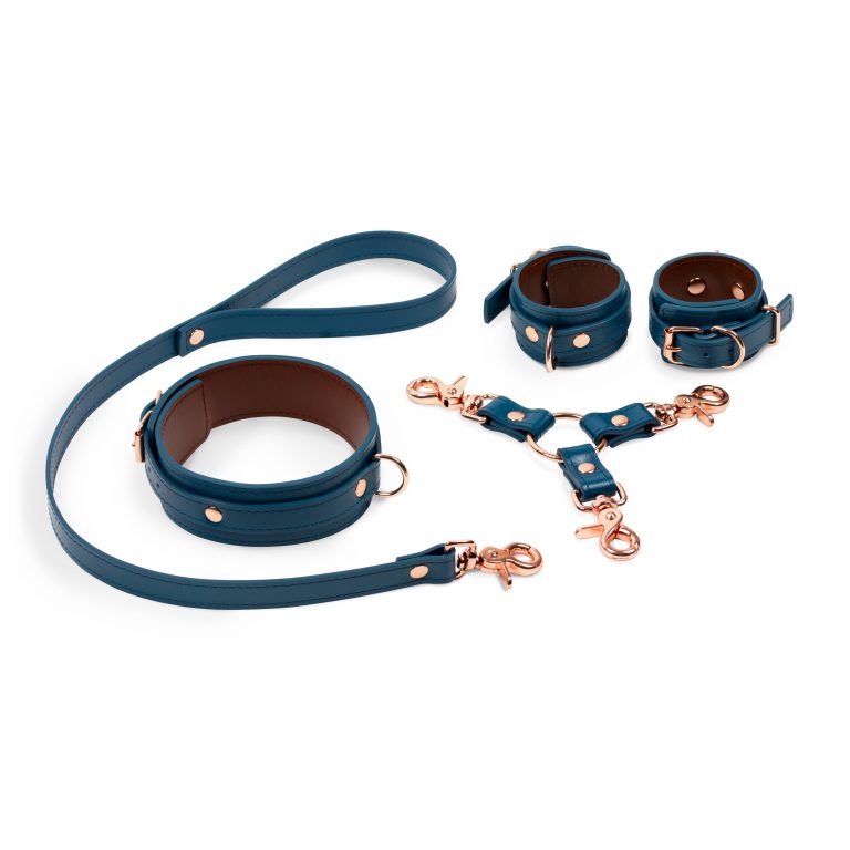handmade blue bordo leather collar and leash handcuffs set