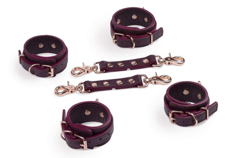 handmade bordo leather ankle and handcuffs cuffs and two medium connectors