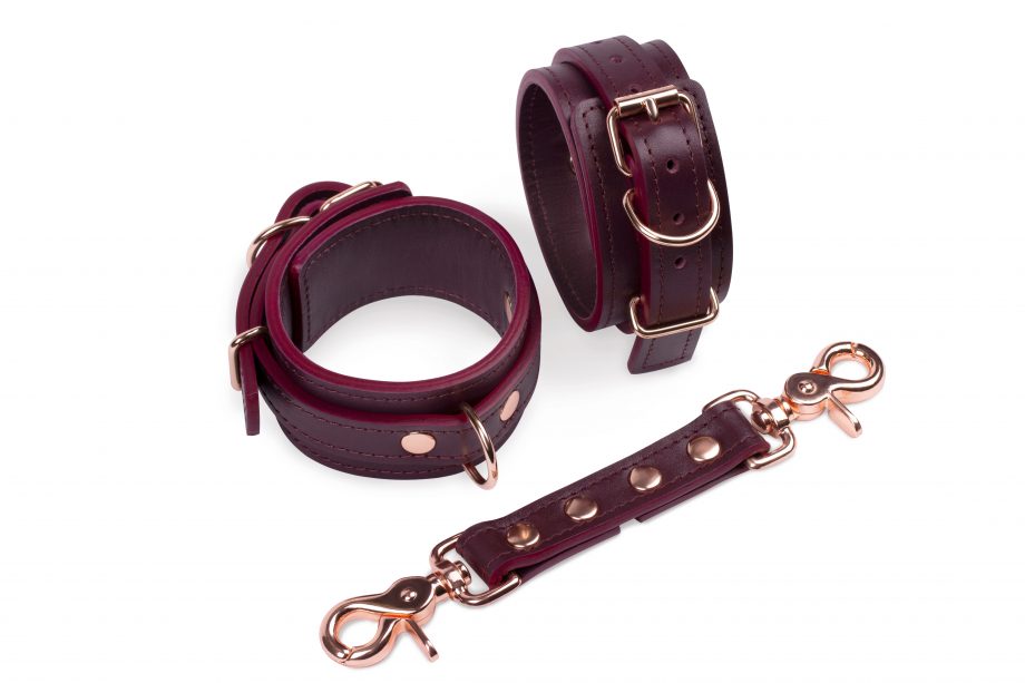 handmade bordo leather ankle cuffs with rose gold hardware and medium connector set 1
