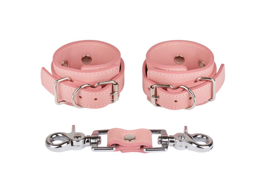 handmade pink leather ankle cuffs with rose gold hardware and short connector set 1