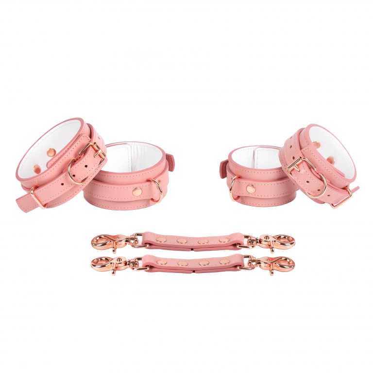 handmade pink white leather ankle and handcuffs cuffs and two medium connectors 1